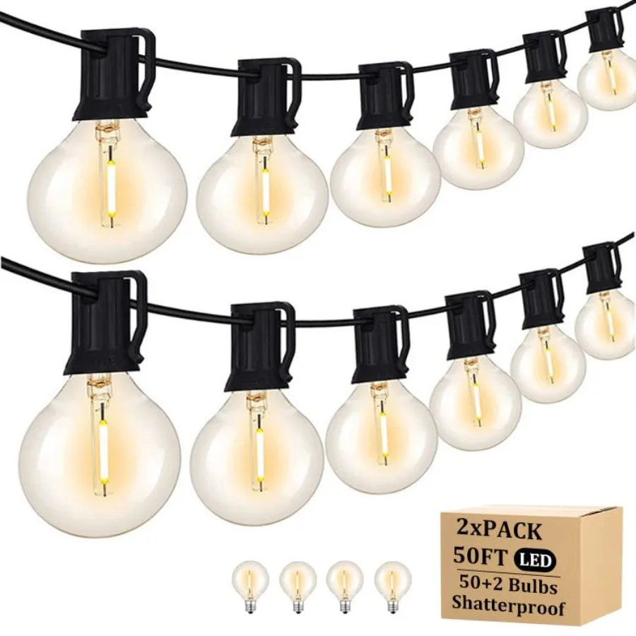 

100Feet Outdoor String Lights with 102 Shatterproof G40 LED Clear Globe Bulbs for Indoor/Outdoor, 2-Pack 50Feet Connectable Han