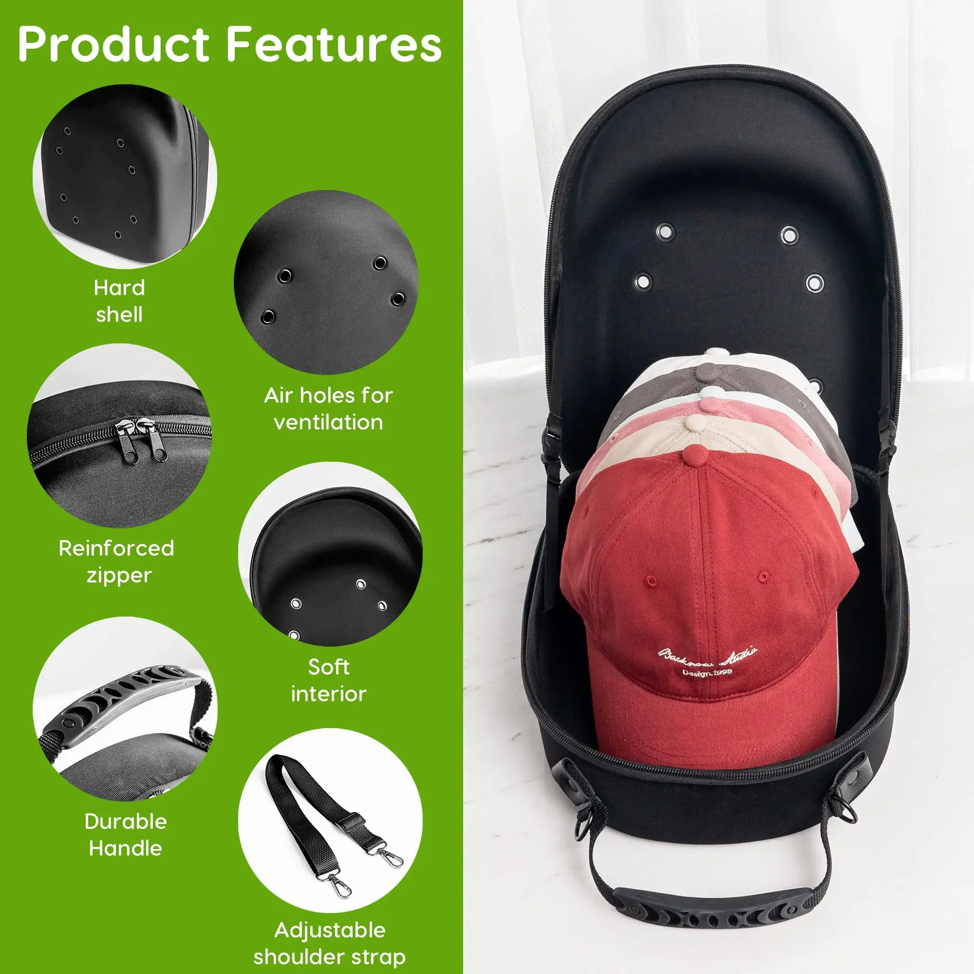 Baseball Cap Storage, Hat Carrier Travel Case with Carrying Handle and Adjustable Shoulder Strap Organizer Holder Bag for 6 Caps