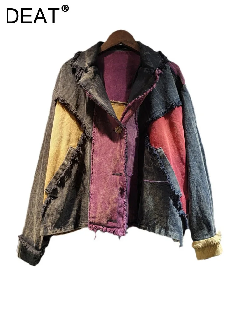 DEAT abrigo vaquero para mujer lavado suelto contraste Color Patchwork rebabas manga larga hacer chaquetas viejas 2025 nueva moda primavera 11A01189