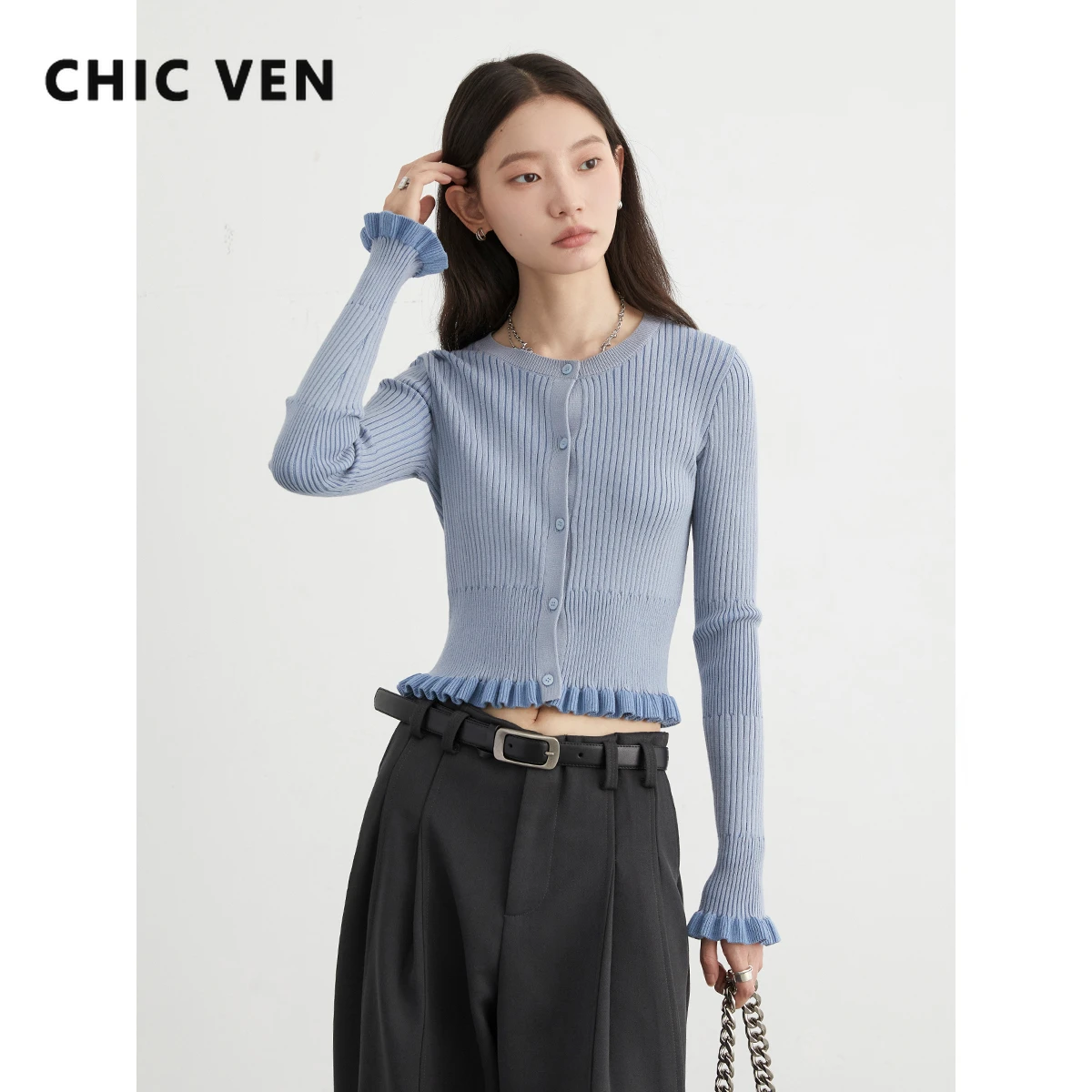 

CHIC VEN Woman Cardigan Solid New Round Neck Contrast Lace Groove Knitted Sweaters Slim Fit Short Female Top Early Autumn 2024