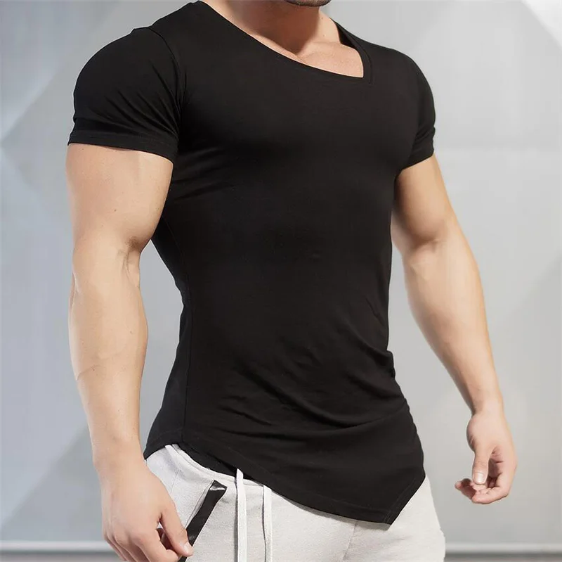 Summer Mens Itness V-neck Slim Fit Irregular Short Sleeve Casual Gym Workout Bodybuilding Training Cotton Irregular hem T-Shirts
