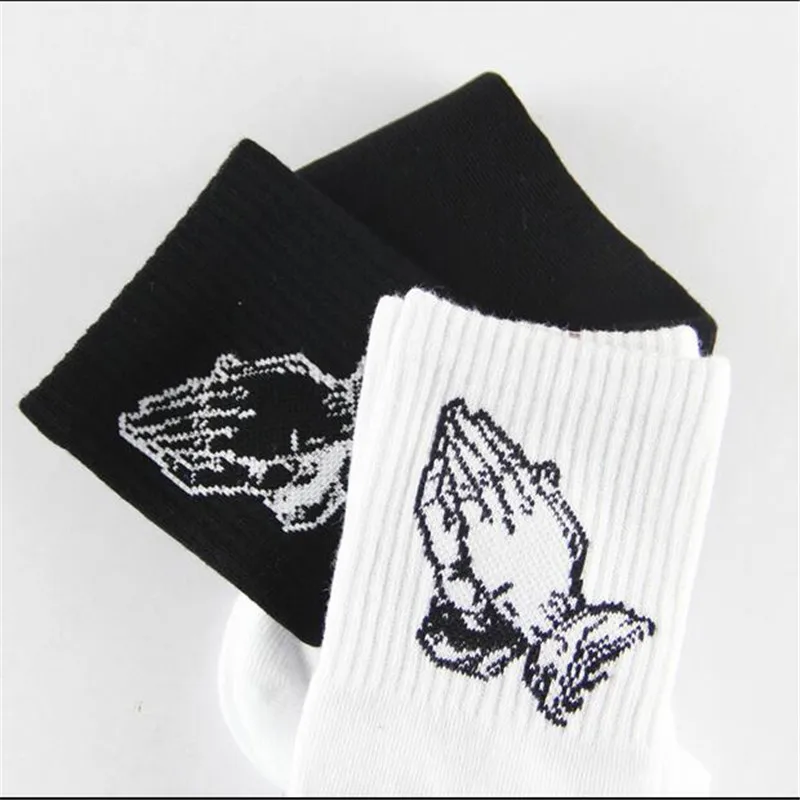 Fashion Skate Cotton Crew Socks of Virgin Mary Gesture Pattern for Men Women Hip Hop Funny Novelty  White Black Funky
