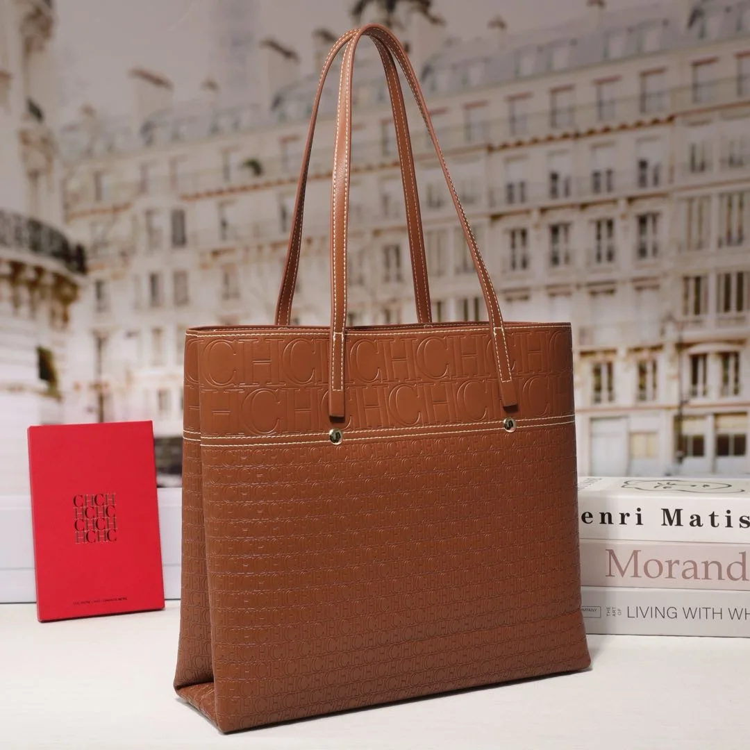 CH Leather Women's Bag Brand Engraved Exquisite Large Capacity Handbag Classic Durable Elegant Fashion Casual Bag with Base
