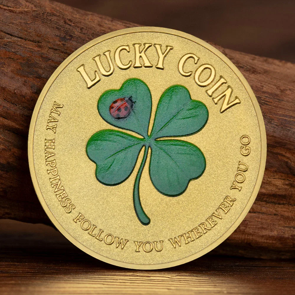 May Happiness Follow You Wherever You Go Lucky Coin Gold Plated Four-leaf Clover Ladybug Souvenir Coin