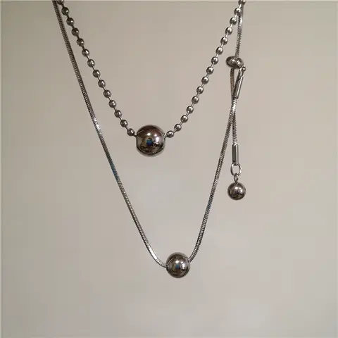 Personality Stainless Steel Beaded Ball Pendant Necklace For Women Men Silver Color Double Layer Hip Hop Rock Chokers Jewelry