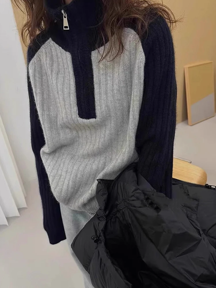 

Корейский шерстяной вязаный свитер Sle Color Blo oulder Све, осенний дизайн, утягивающий топ на молнии, антивозрастной трикотаж