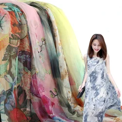 30D Printed Chiffon Plant Pattern Gradient Color Fabrics for Sewing Silk Scarf Hanfu Clothing Needlework By The Meter 100*150cm