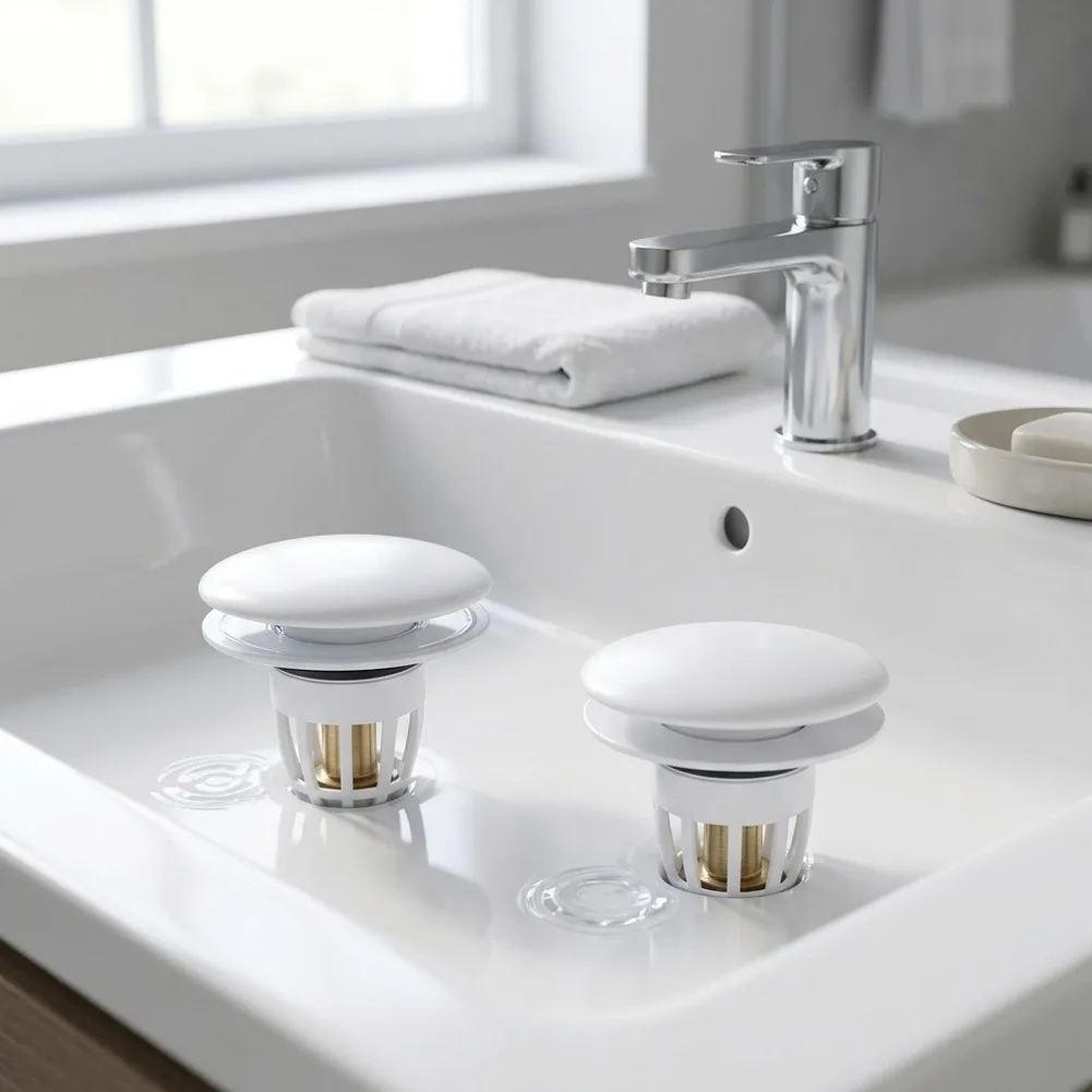White Ceramic Sink Drain Stopper with Brass Spring Core and Cage-Shaped Filter for Hair and Debris Removal 6.5x6.5cm Size