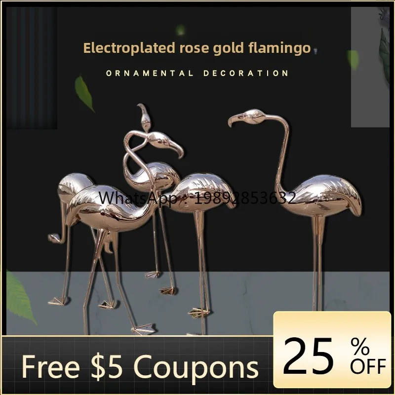 LYY Stainless Steel Electroplated Flamingo Rose Gold Color Park Green Space Animal Crane Decoration Floor Art Ornament
