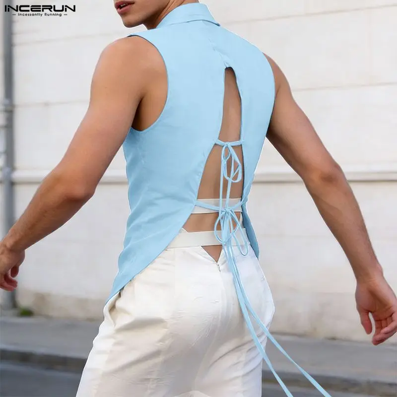 INCERUN Men's Tank Tops Solid Color Turtleneck Sleeveless Male Vests Backless Hollow Out Lace Up Streetwear Tops Men Clothes