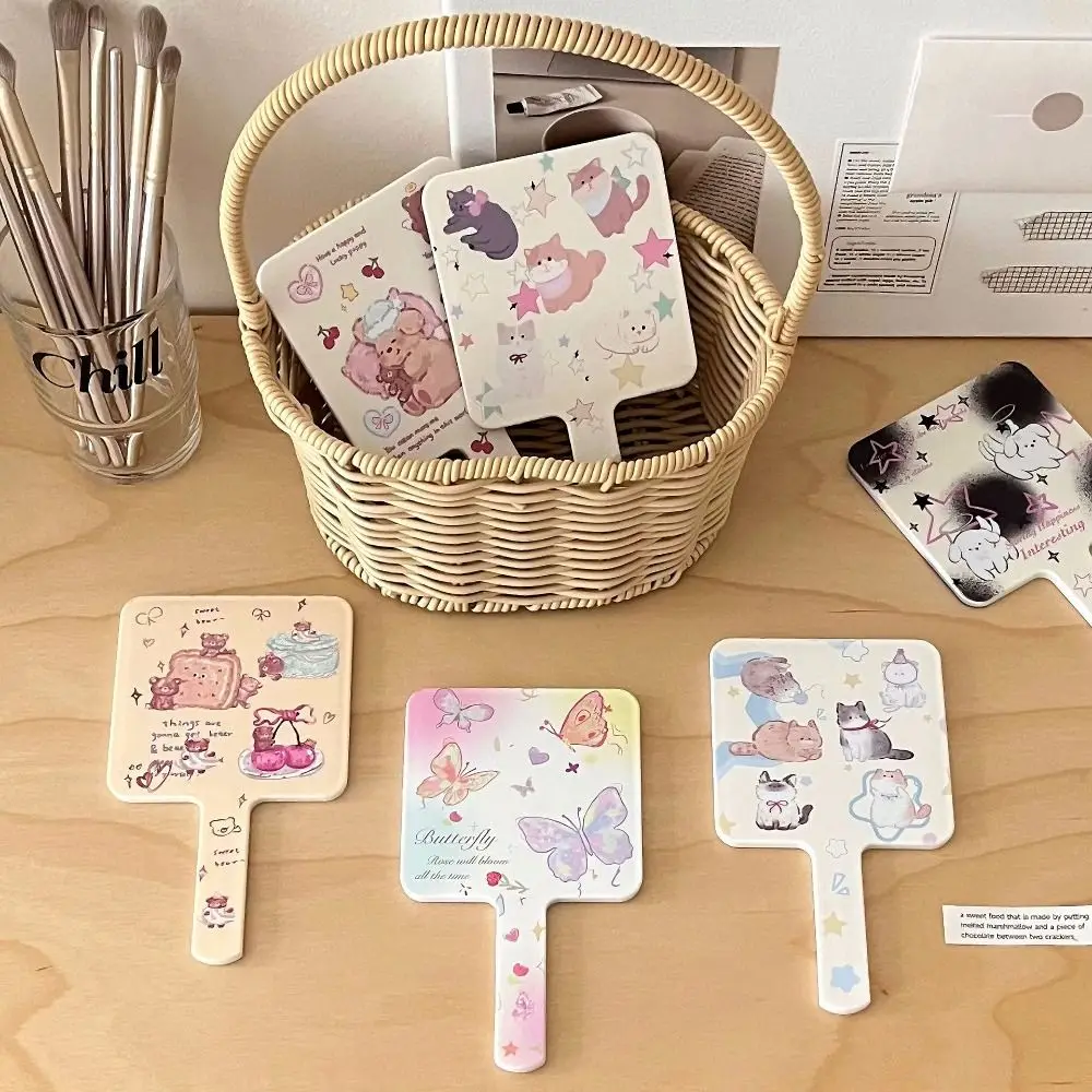 Cute Handheld Vanity Mirror High Definition Ins Style Square Handheld Mirror High Appearance Level Cartoon Pattern Printing