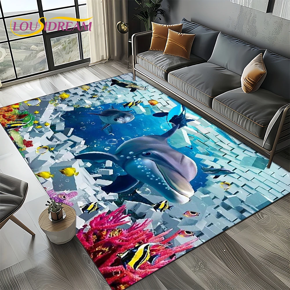 Underwater World 3D Illusion Seabed Cartoon Shark Dolphin Carpet Rug for Living Room Bedroom Home Sofa Decoration,Floor Mat Kid