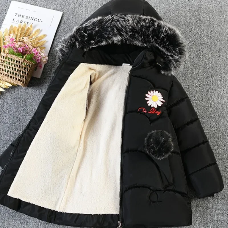 Girls Coat Jacket Cotton Outerwear Windbreak 2024 Flowers Thicken Velvet Winter Warm High Quality Children's Clothing