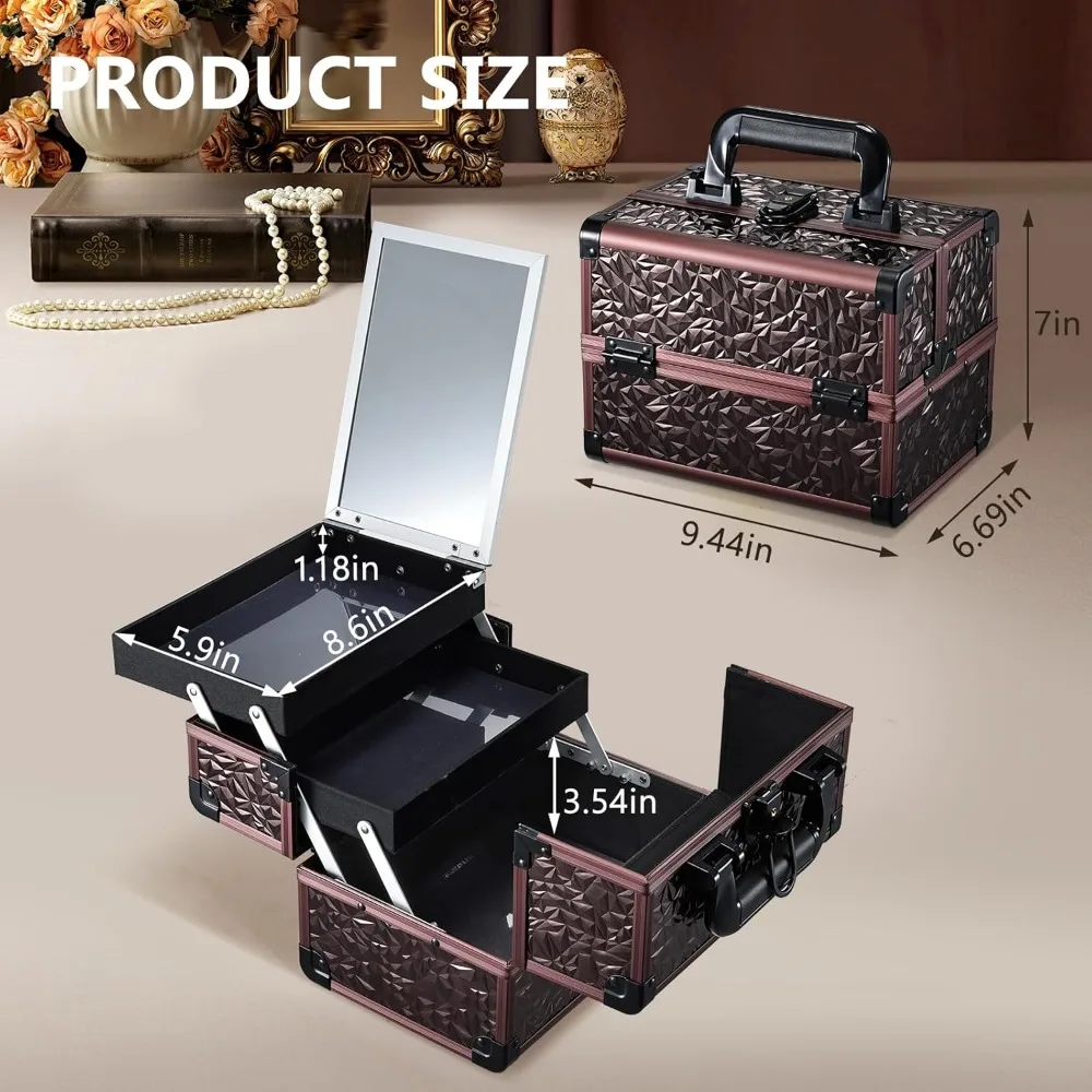 Portable Makeup Case with Mirror and Lock, 2-Tray Organizer for Travel, Dark Brown Cosmetic Storage Box