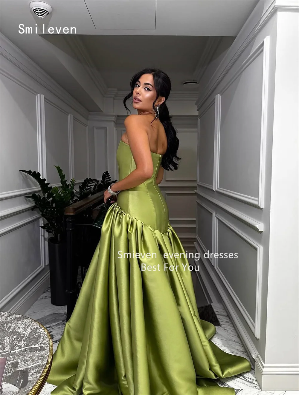 Smileven Luxury Green A Line Prom Dress Elegant Strapless Pleat Party Gowns Formal Sleeveless Occassion Dress Customized 2026 image 4