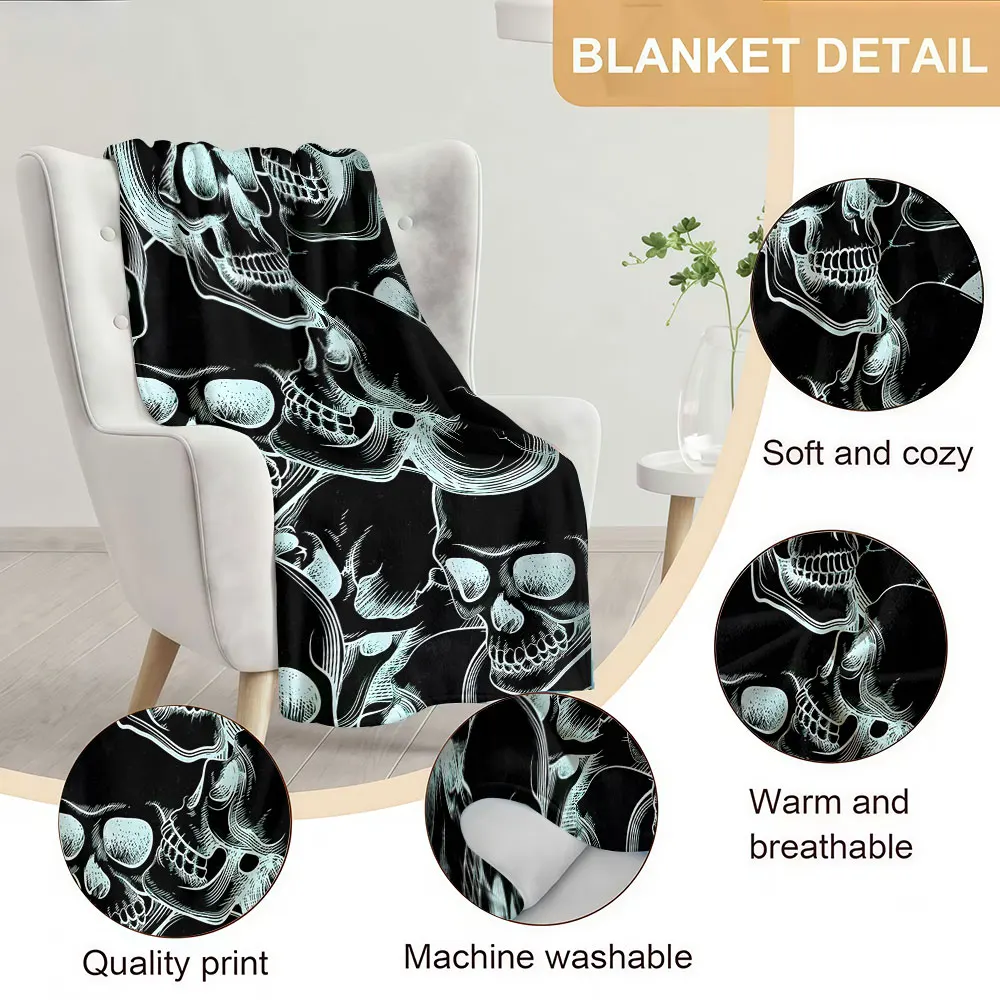 Dark Sketch Skulls Soft Warm Flannel Blanket Lightweight Cozy Christmas Halloween Home Decor Room