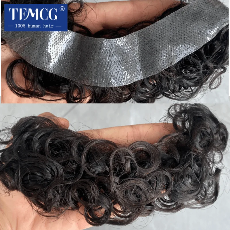 Rambut palsu keriting garis depan realistis 100% rambut manusia alami untuk pria wig pria depan gaya V dengan dasar kulit PU Wig pria