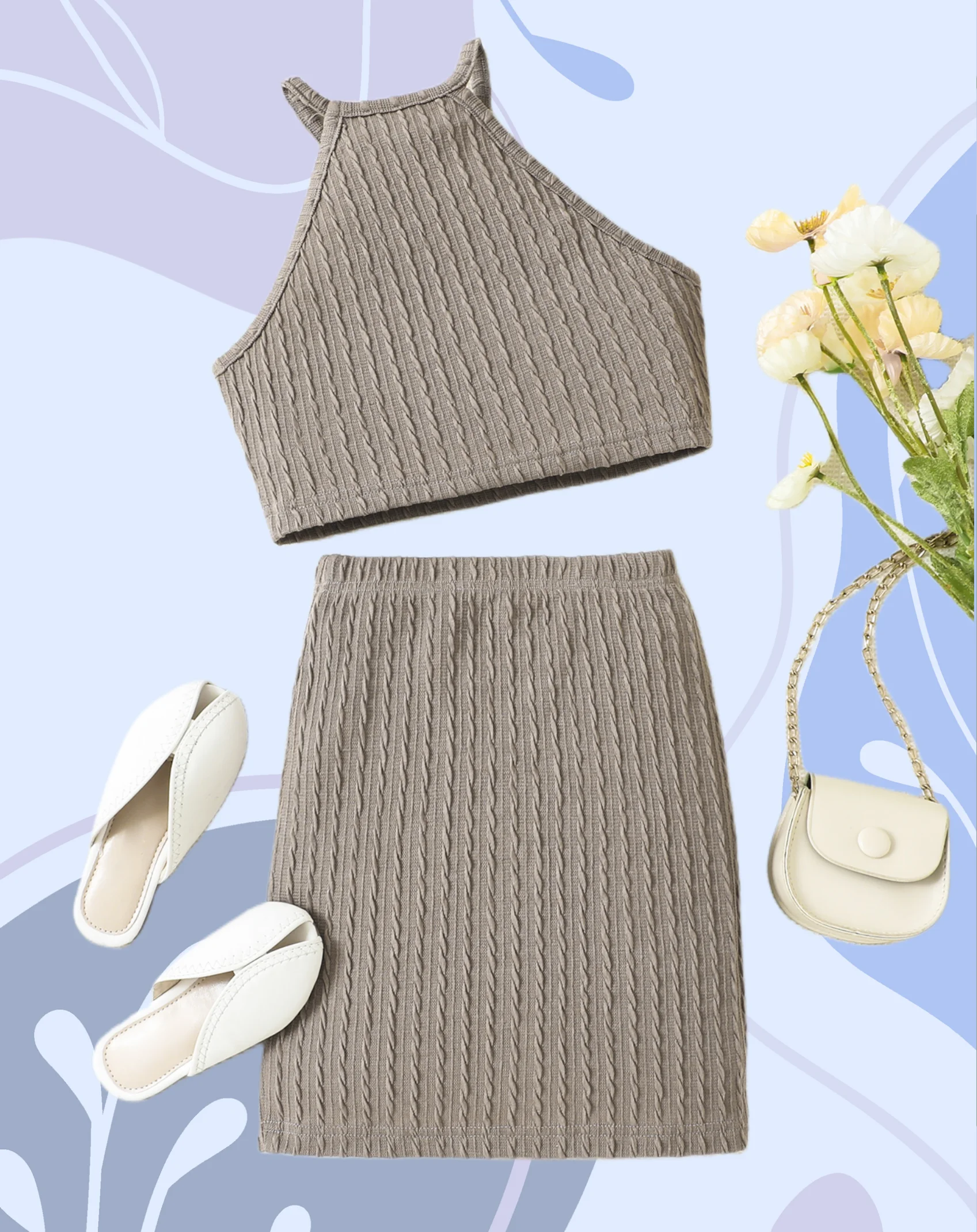 Unique fashion pure wind hollowed-out halter sleeveless vest top khaki twist flower slim skirt set summer girls two-piece set