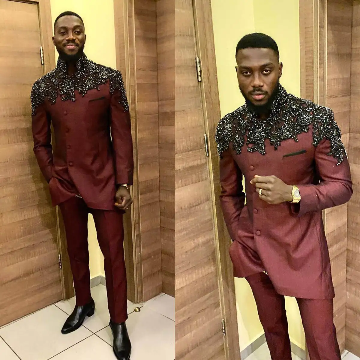 

Luxury Beaded Men Suits Set Shiny High Neck Applique Tuxedos Groomsmen Jacket Pants 2 Pieces Formal Dress Customized