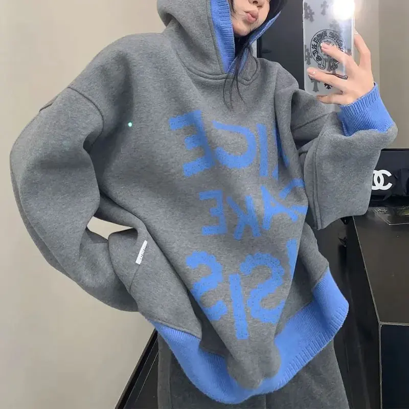 

American Retro Contrasting Colors Sweatshirts Autumn Winter Fleece Hooded Letter Female Clothing Loose Stylish Patchwork Hoodies