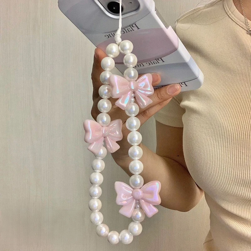 

1pcs Pink Pearl Bow Phone Chain Anti-Lost Bracelet For Mobile Phone Case Wrist Strap XYun Lanyard Phone Keychain Portable Chain