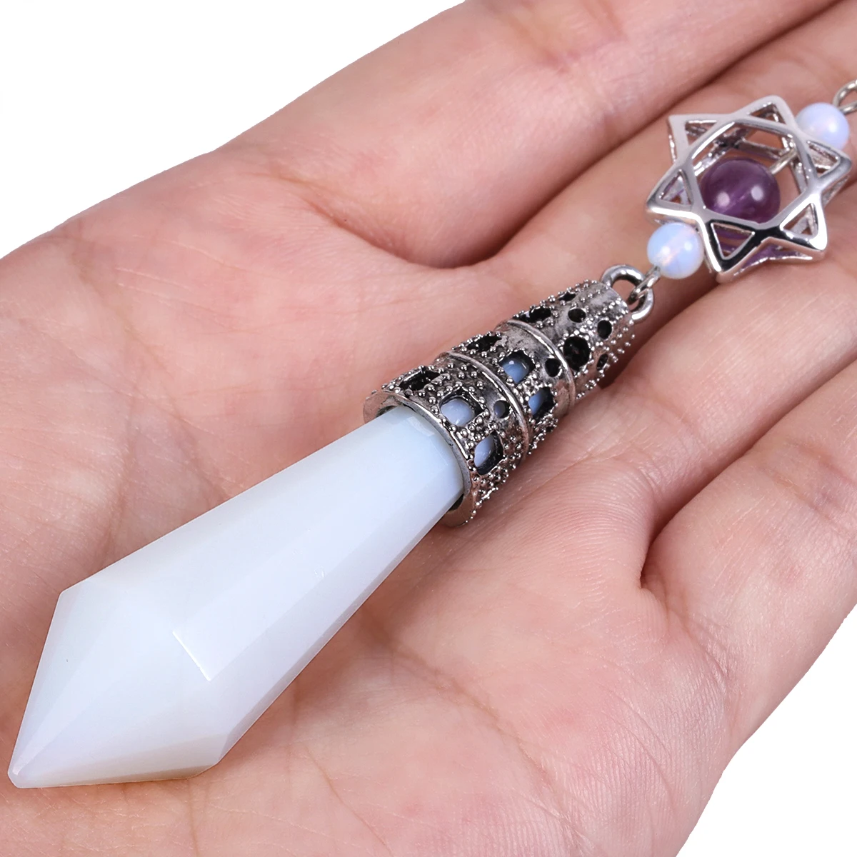 Faceted Crystal Point Stone Pendant Pendulum With Merkaba Star and Dream Catcher For Divination Meditation Chakra Balancing