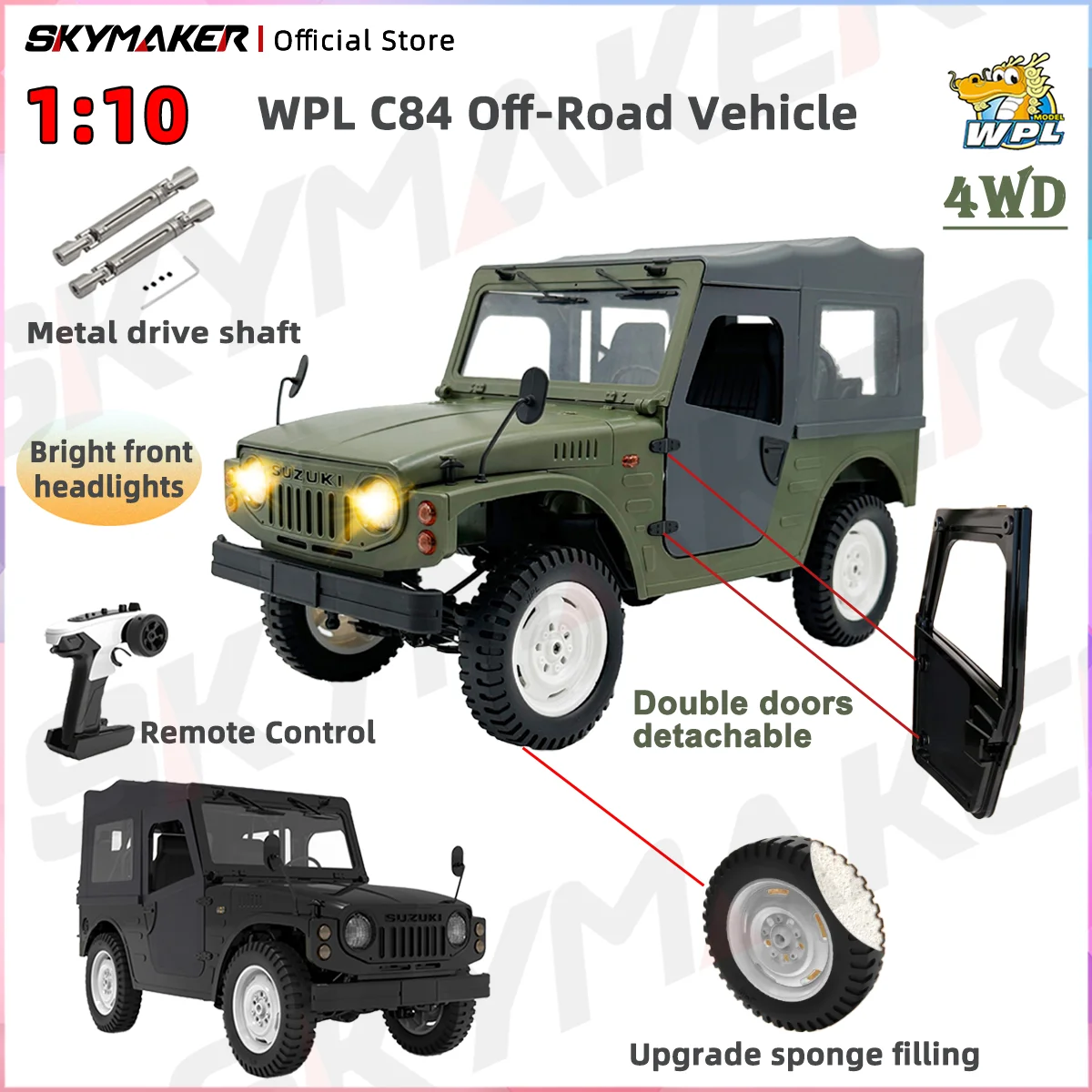 WPL C84 1:10 RC Car 4WD 370 Motor LED Lights Convertible Model Climbing Off-Road Vehicle 2.4G Remote Control Toy for Boys Gift