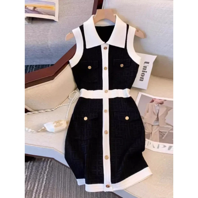 Polo Collar Sleeveless Knitted Dress Women's Slim Fit A Line Bodycon Skirt Female