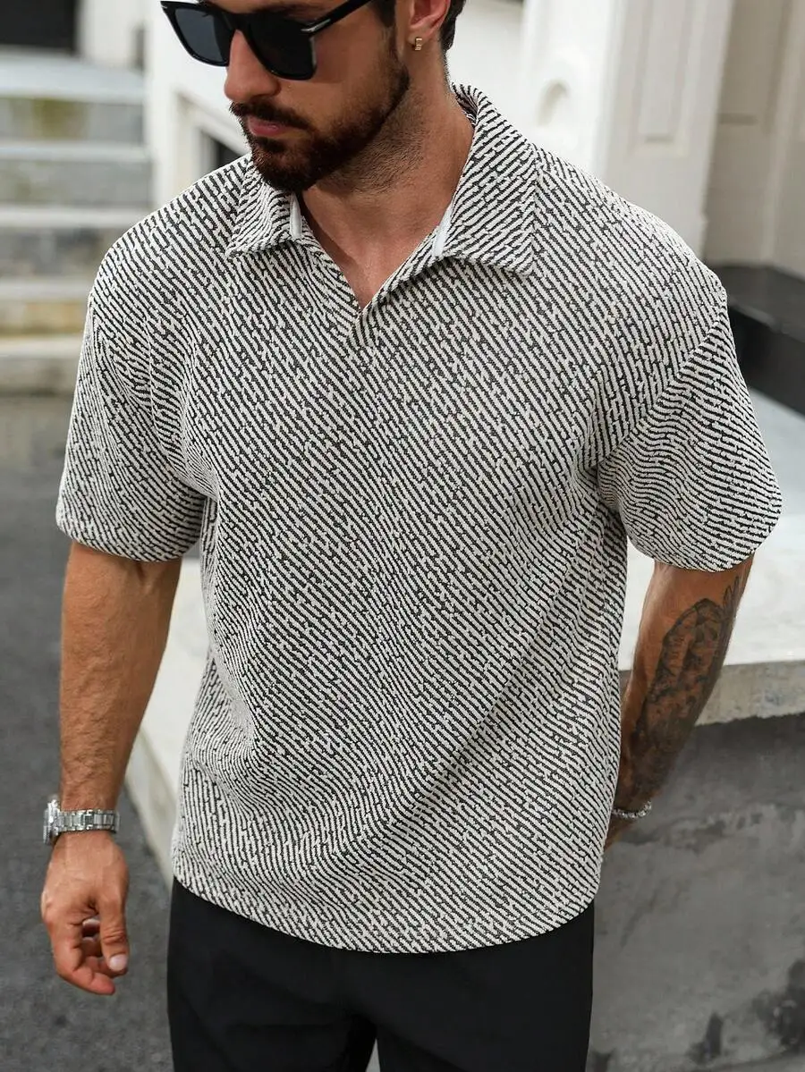 Men's Short Sleeve Knit Polo Shirt with Geometric Pattern, Casual Fit