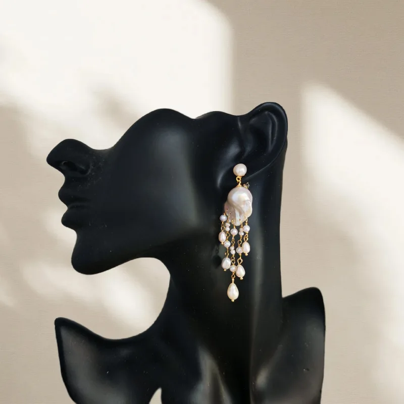 Natural Freshwater Baroque Pearl Long Tassel Handmade Earrings for Women Fashion Jewelry
