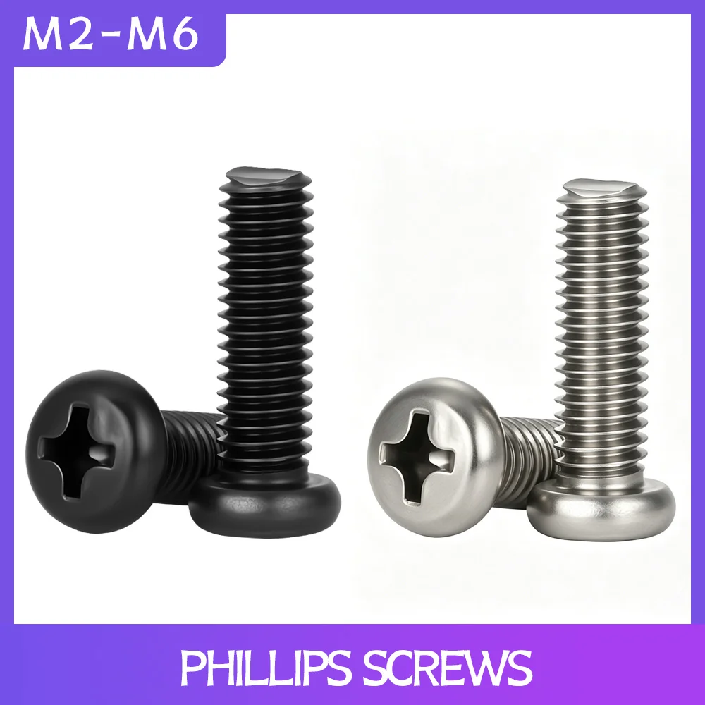 M2 M2.5 M3 M4 M5 M6 304 Stainless Steel Cross Recessed Pan Head Machine Screws Black Carbon Steel Phillips Screw Bolts Fasteners