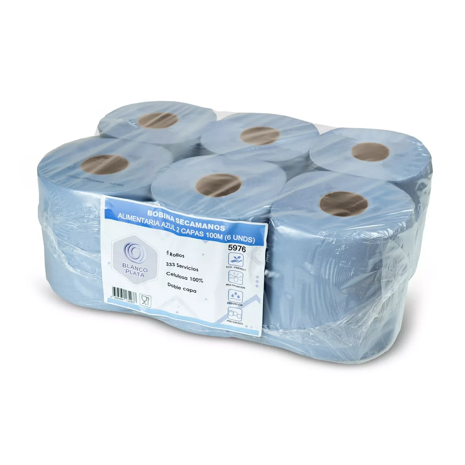 Bobina Papel secamanos Azul Blancoplata mecha Laminada pasta pura doble Capa - 6 Unidades 100 Metros y 333 servicios por rollo Máxima suavidad y resistencia No deja restos