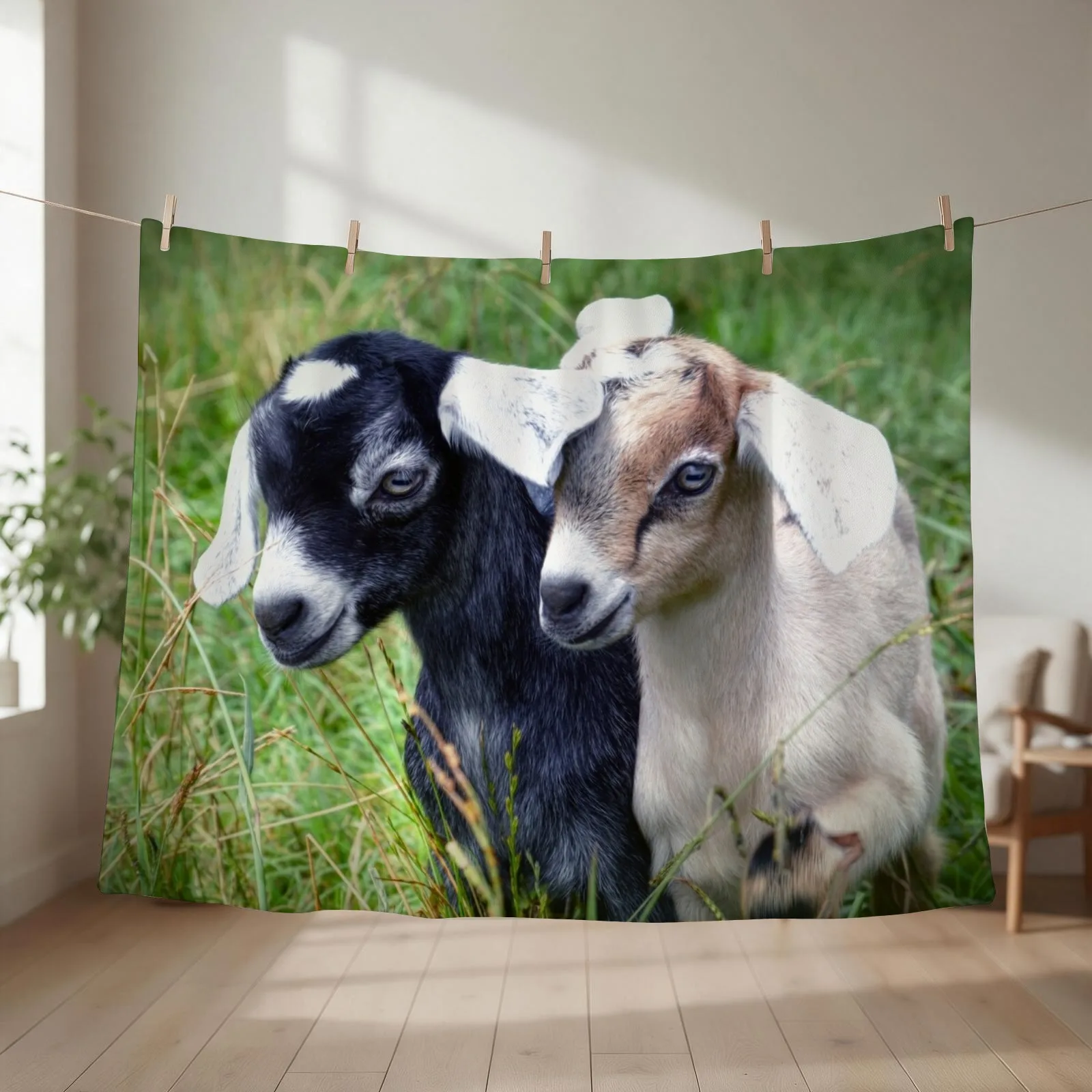 Two Baby Goats Throw Blanket Flannel Fabric Vintage Bed covers Thermal Blankets