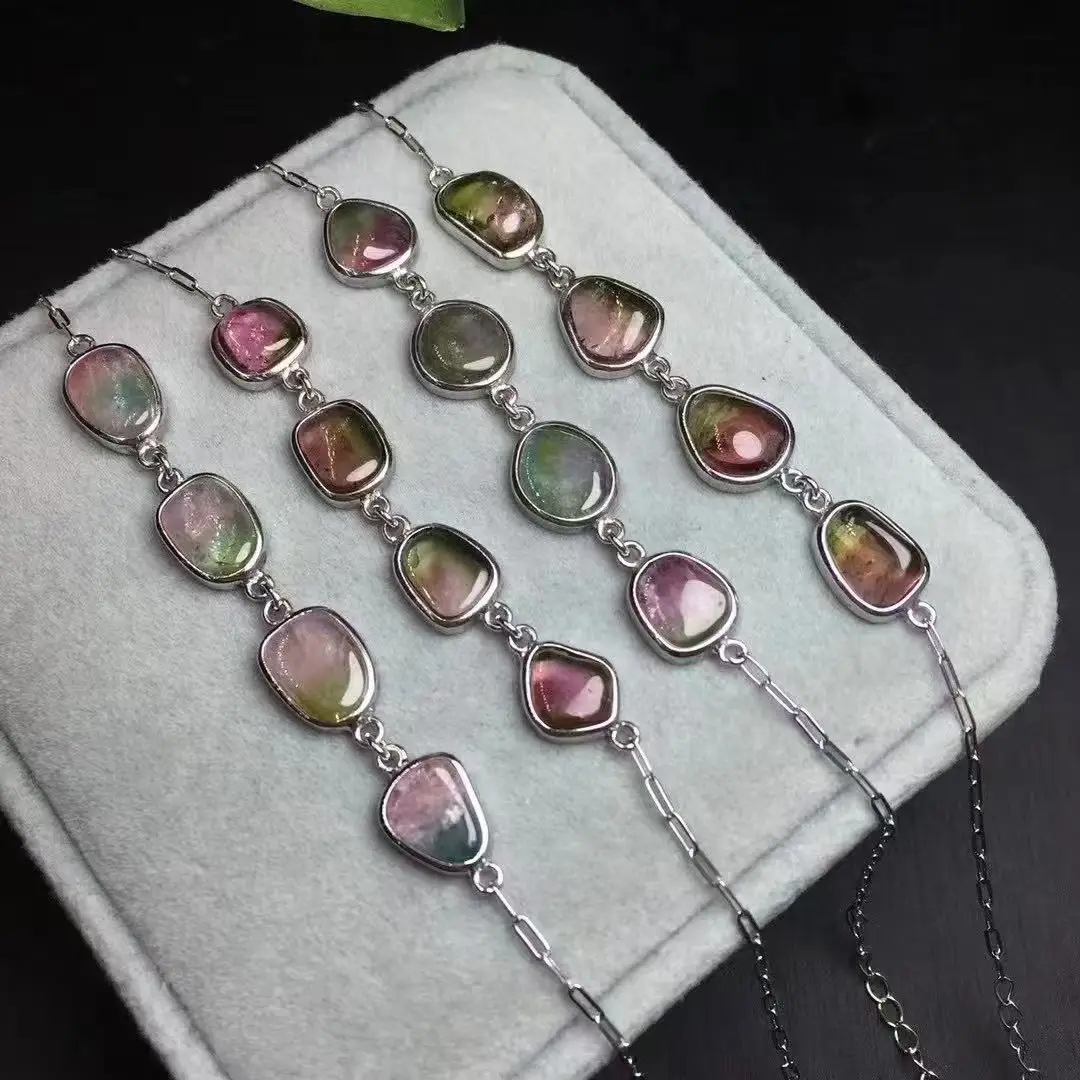 

Unit One Bracelet 925 Silver Natural Watermelon Tourmaline Healing Crystal Random Shape Bracelet For Jewelry Gift