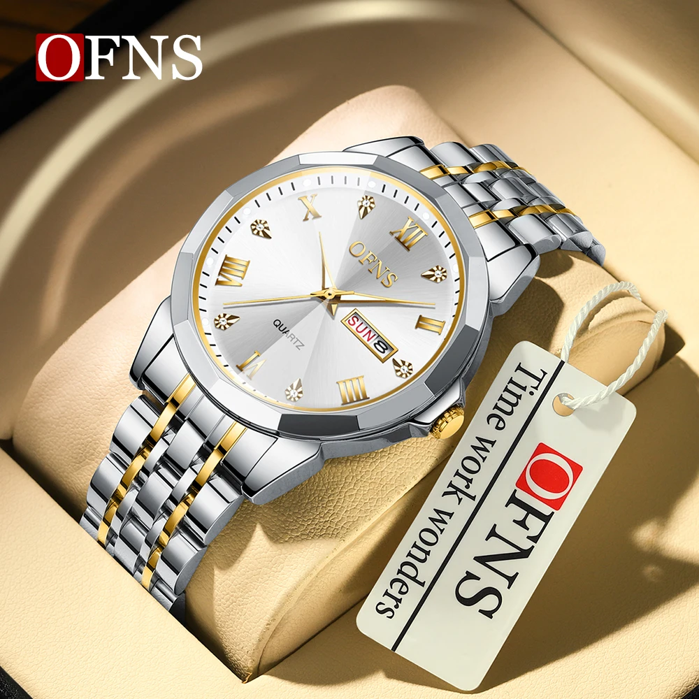 

OFNS 1502 New Dual Calendar Couple Fluorescent Quartz Watch Fashion Waterproof Steel Band Men's and Women's Watch