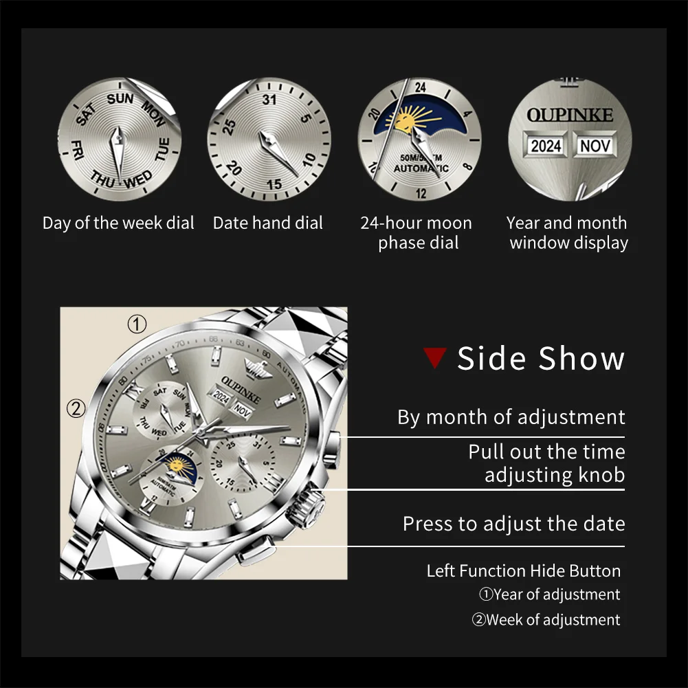 OUPINKE 3201 Moon Phase Watch For Men Waterproof Date Male Automatic Mechanical Man Wristwatch Luxury Brand Original Men's Watch