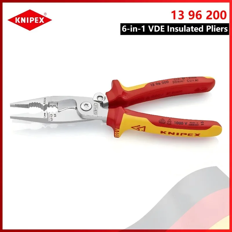 

KNIPEX 13 96 200 Изолированные плоскогубцы VDE 6 в 1 — инструмент для зачистки/обжимания/режущей стали с пружиной открытия для электрооборудования