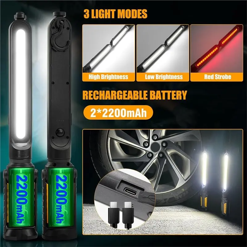 【ADORN】Magnetic, Underhood Work Light With Hooks- 2400LM LED, 4400Mah Rechargeable For Mechanic Use