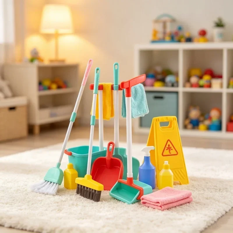 Simulated Housework Cleaning Kit Broom Mop Dustpan Wiper And Cloth Set For Household Imitation Indoor Role Operating Scene Use