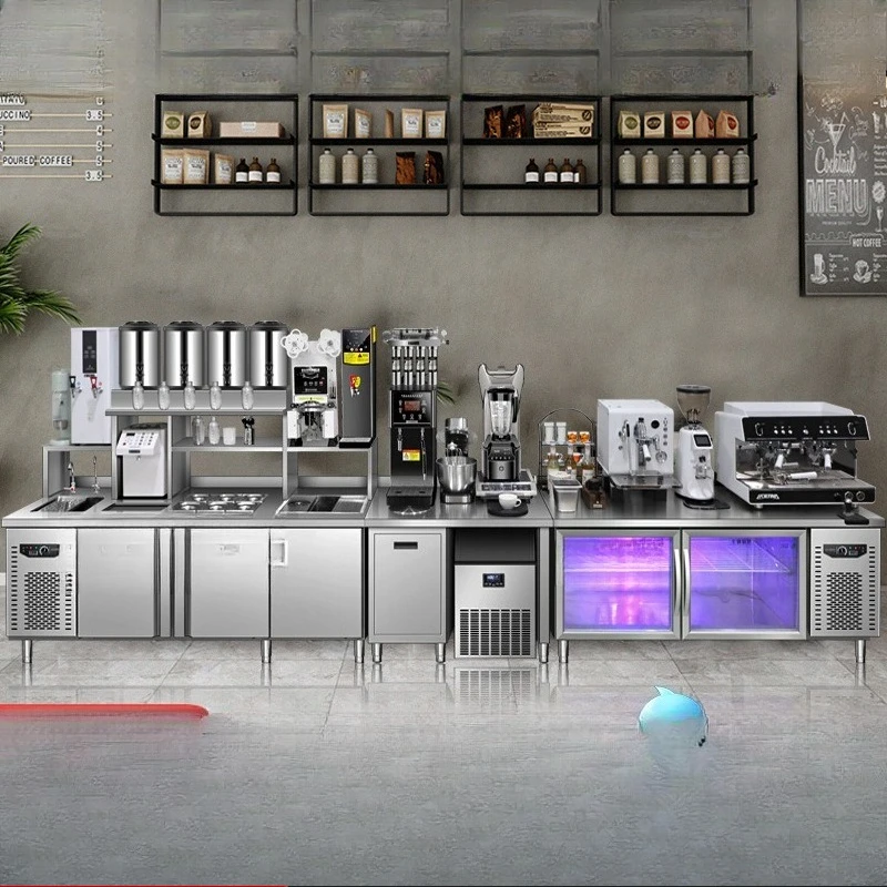 A full set of milk tea shop equipment, water bar counter, coffee shop refrigerated display cabinet, stainless steel console, col