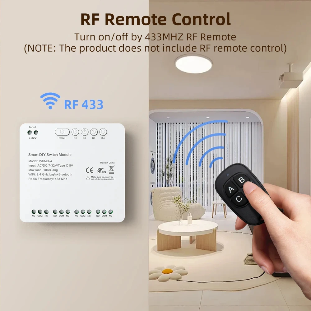 MIUCDA Tuya WiFi módulo de interruptor 4 canales interruptor inteligente 7-32V/85-250V RF 433 relé de Control remoto funciona con Alexa,Google Home