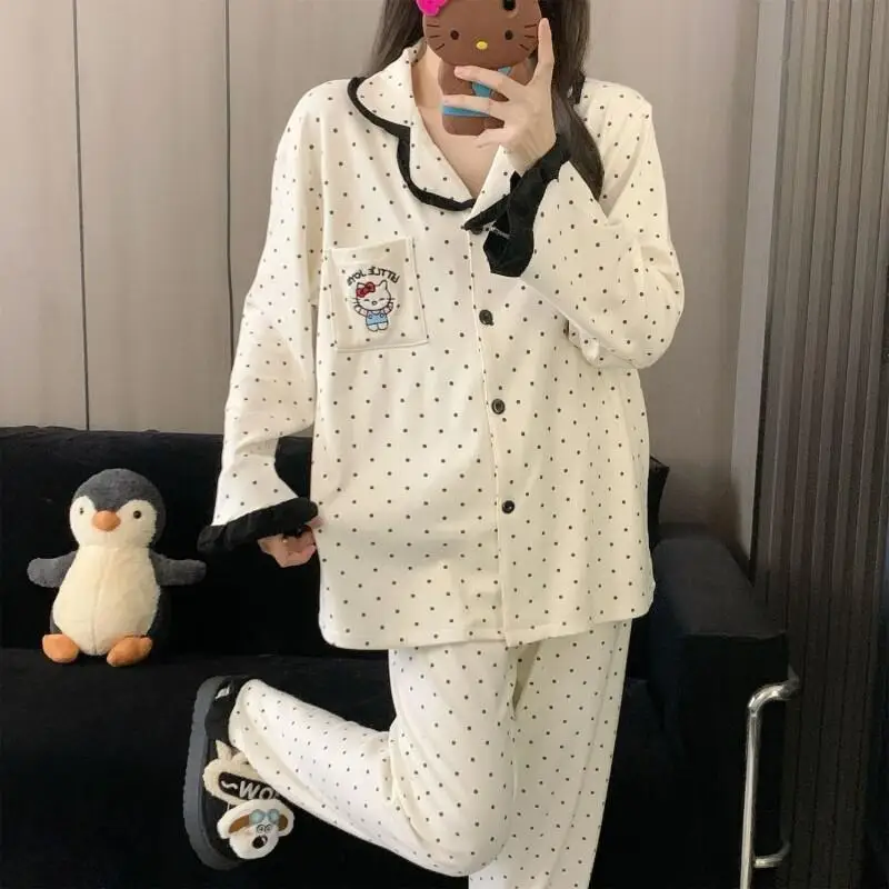 

Sanrio Kitty Long Sleeve Pajama Set Fleece Women's Loungewear Lace Polka Dots Autumn Winter Thickened Warm Loose Fit Nightwear