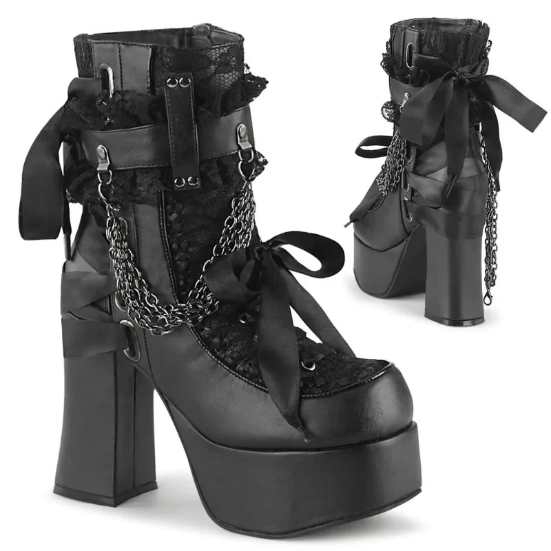 Gothic Style Chain Lace Up Bow Women Short Boots Retro Round Toe Square Heel Chunky Platform Ankle Boots Punk Ladies Party Shoes