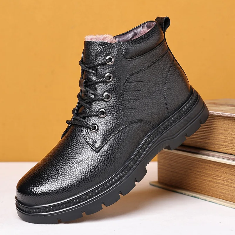 

2026 New Winter Warm Fleece-Lined Leather Men's Cotton Shoes High-Top Outdoor Shoes Made Of Genuine Cow Leather Rubber Sole