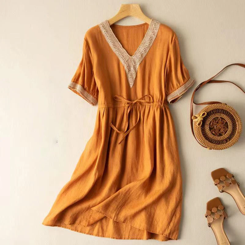 Fashion V-Neck Spliced Embroidery Shirring Bandage Midi Dress Women's Clothing 2025 Summer New Loose Korean Short Sleeve Dress