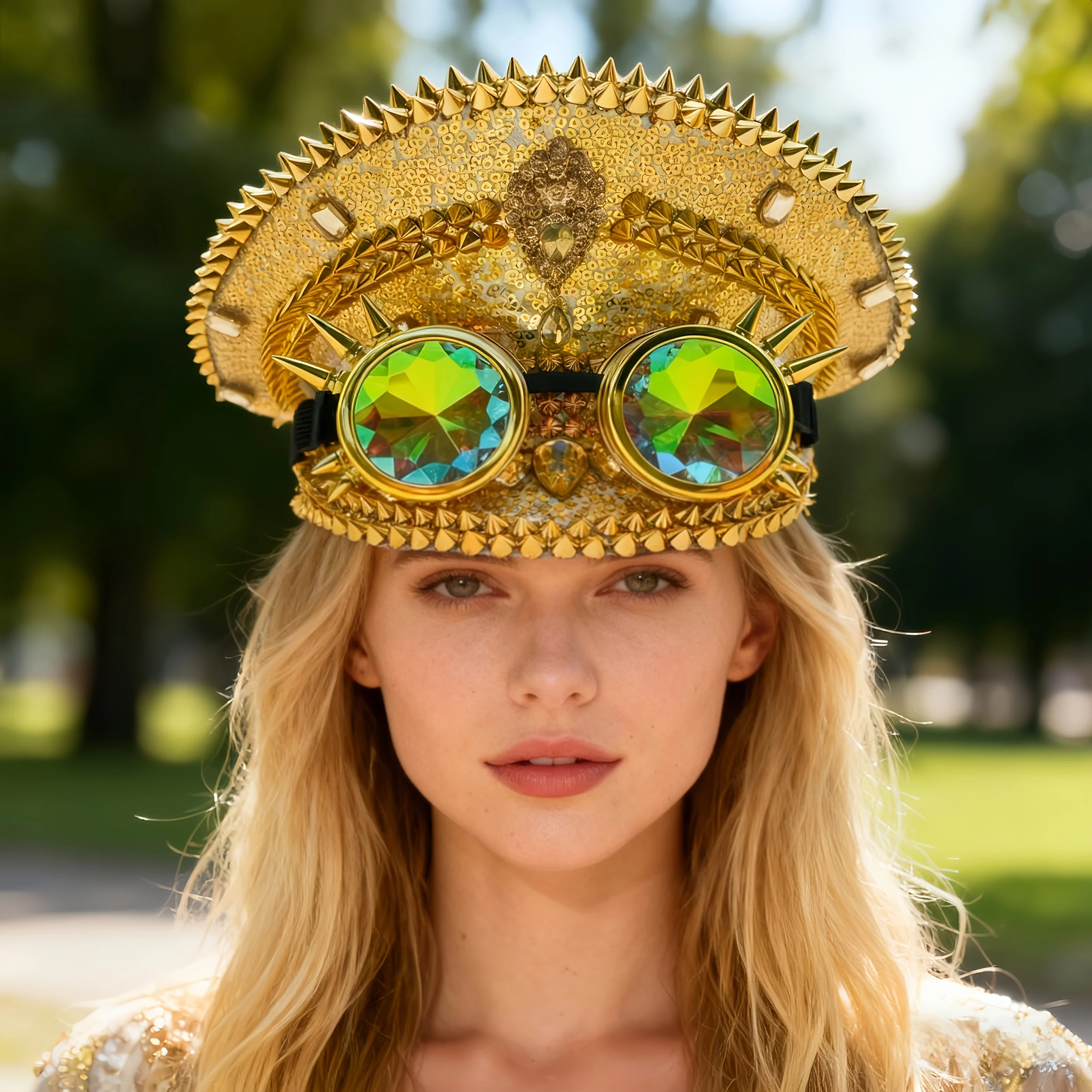 

HongLuan Golden Goggles Captain Hats Rhinestone for Music Festival Woman, Carnival Costume Hat & Cosplay Female Accessories