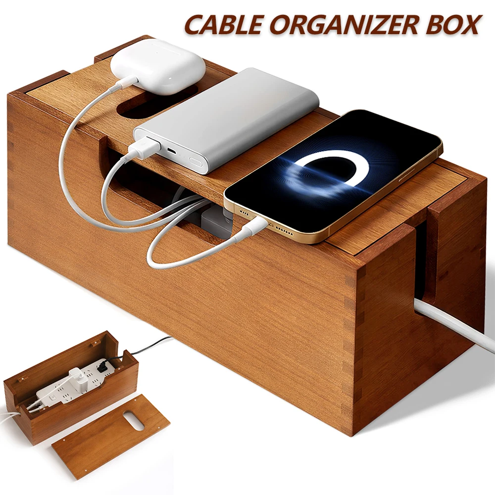 Cable Organizer Box Wooden Large Cable Management Box Multipurpose Cord Organizer Home Decoration for Power Strip TV Desk Cables