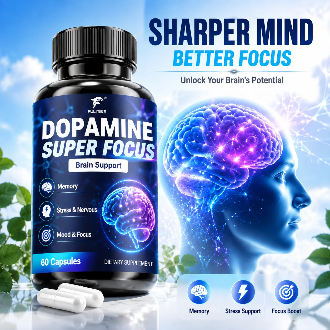 Dopamine Capsules, Support Memory Mental Clarity Concentration Brain Health, Ease Stress Nervousness Balance Mood for Students