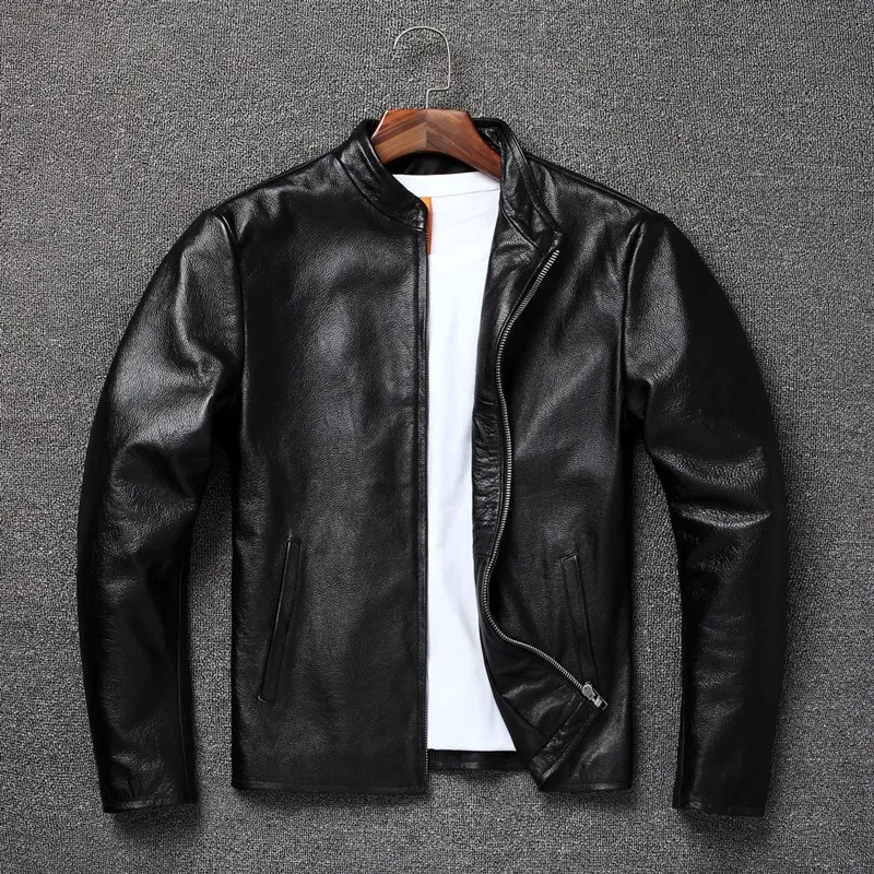 

Slim Fit Stand Collar ort Motorcycle Jaet Genuine Top Layer Cowhide Leather Men's Outerwear Large Size Coat Busin Casual