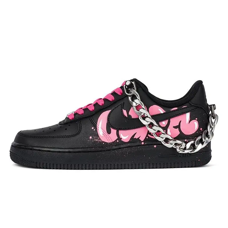 

[Custom Men's low-top graffiti sneakers in black pink]Nike Air Force 1 Low 07 Low-Top Skateboard Shoes Men's Black Pink